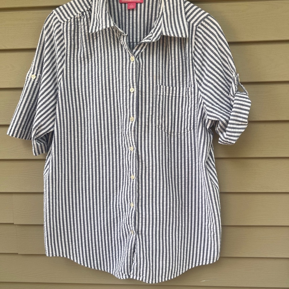 Woman Within Blue and White Striped Casual Shirt - Size LARGE